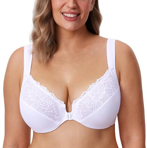 DELIMIRA Donna Reggiseno Apertura Frontale con Ferretto Pizzo Coppa Completa Non Imbottito Taglie Forti Bianco 3F