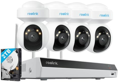 Reolink 4K PT Kit Caméra de Surveillance WiFi 6 Extérieure, 4 Caméras WiFi avec 355° Pan & 50° Inclin, Suivi Auto, Détection Intelligente, Vision Nocturne Couleur, NVR 12CH WiFi 2To HDD, RLK12-800WPT4