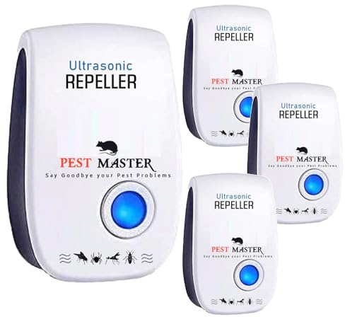 Pest Master - 4 x Ultrasonic Pest Repeller, Powerful Mouse Repellent - Wide Frequency Range Pest Control Device and Ideal for Mice, Rats, Mosquitoes, Cockroach, Moths, Ants - D4