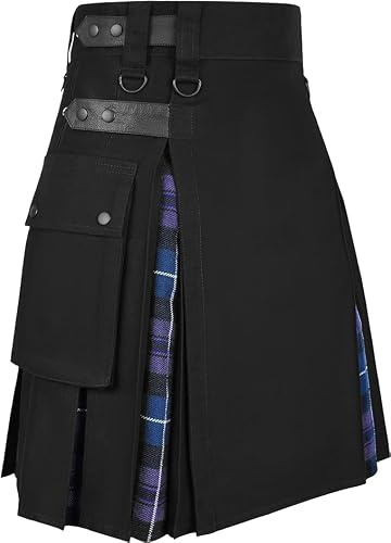 NORTH EDGE Hybrid Scottish Kilt Sports Fashion Dress Leather Straps Black Utility Cotton Kilts Hybrid Pride of Scotland Tartan's Hybrid Royal Stewart Tartan