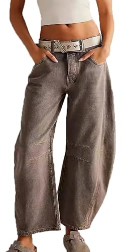 Barrel Jeans Mujer Pierna Ancha Recortada Jeans Y2k Mid Rise Baggy Jeans Boyfriend Denim Pantalones de Verano Cómodos Jeans de Mujer con Cremallera y Bolsillos de Moda Casual(Brown,S)
