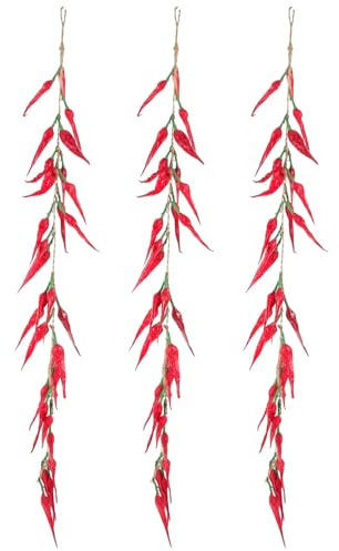 ANCLLO 3 Pezzi di Corda di Pepe Artificiale da Appendere, Simulazione Realistica Peperoncino Piccante Verdura Frutta Ghirlanda di Vite