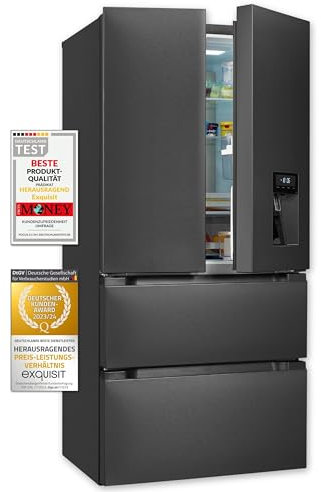 Exquisit Frenchdoor, Kühl-Gefrierkombination, No-Frost, 506 Liter, Wasserspender, Alarm, Schnellkühlen, Schnellgefrieren, FD5490-160-WS-201E inoxlook-az