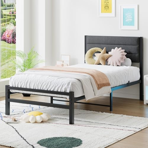 JUISSANO Estructura de cama 90x200, marco de cama de metal, cama 90x200 para invitados, cama de metal individual 90x200 cm con somier, cama juvenil con espacio de almacenamiento, para dormitorio