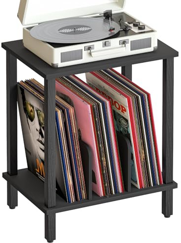 HOOBRO Plattenspieler Ständer, 2 Ebenen Schallplatten Regal, Beistelltisch, Plattenregal mit Trennwänden, Aufbewahrung von Schallplatten, bis zu 100 Alben, für Wohnzimmer, Schwarz EBK05RS01