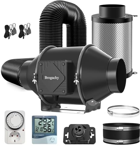 Brogachy Abluftset 100mm Rohrventilator 365m³/h mit Drehzahlregler, Thermo-Hygrometer,Aktivkohlefilter Abluft Lüftungsset Kohlefilter, 3000 PRM Grow Lüfterset, Belüftungssystem für Growzelt.
