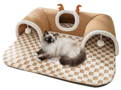 ALLSOPETS Vikbar kattunnel, säng med hängande leksaker och halkfri bas, för små, medelstora, stora katter och kaniner (brun hjort, L)