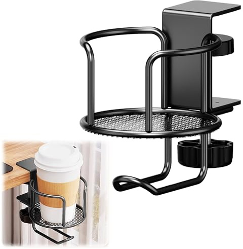 Soporte Taza Escritorio con Gancho, Ajustable Portavasos de Escritorio Porta Metal portavasos Antiderrames Universal Portavasos Abrazadera Clip para Escritorio Hogar Oficina, 1 Pieza, Negro