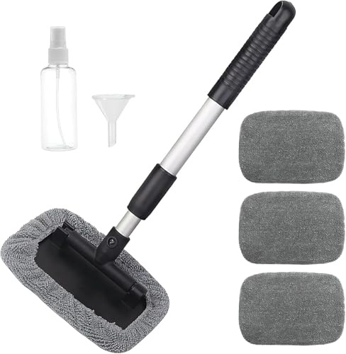 Juego de 4 cepillos de lavado de coches con mango telescópico, juego de 4 cepillos de lavado, limpiador de parabrisas, limpiador de parabrisas de coche, limpiador de interior de microfibra gris, juego