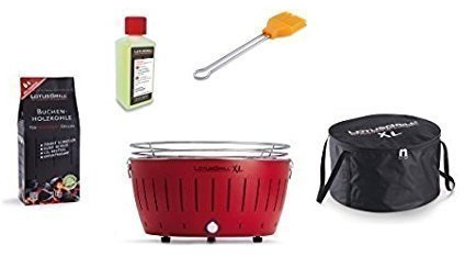 LotusGrill XL Starter 1x ROSSO FUOCO 1x CARBONE legno di Faggio 1KG, 1x PASTA MASTERIZZAZIONE 200ml, 1x Pennello da barbecue mandarino, 1x Borsa trasporto - DEGLI raucharme a carbone/GRIGLIA TAVOLO
