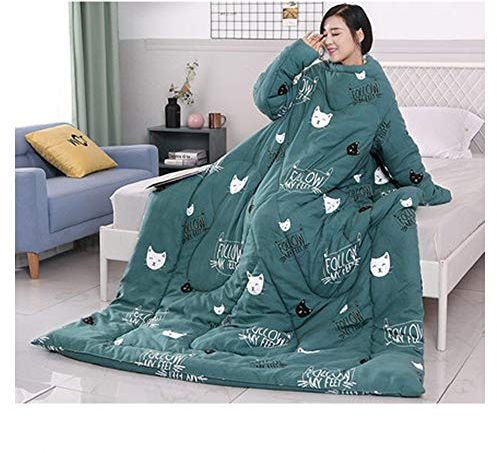 HOXMOMA Faule tragbare Decke mit Ärmeln, verdickte tragbare Baumwolldecke, Warmer Schlafsack für Erwachsene, winddichter Umhang mit Reißverschluss für das Büro zu Hause 59 * 79 Zoll,Grün