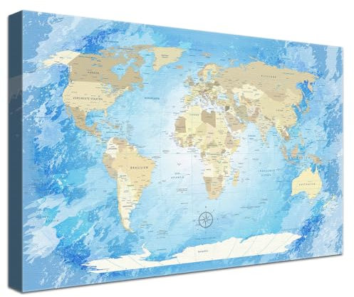 LANA KK Stilvolle Pinnwand Weltkarte - Frozen - Deutsch in 120 x 80 cm, stabile Rückwand zum Pinnen inkl. Starterkit - Leinwand-Kunstdruck Wandbild Landkarte XXL