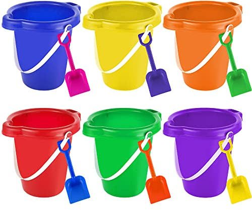BeneFine Large Sand Pail with Shovel, 7'' Large Size Sand Water Bucket for Beach Fun Great Summer Party Accessory(6 Bucket + 6 Shovels)