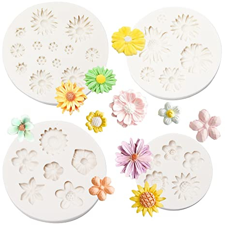 Neikafan 4Pcs Fondant & Icing Flower Moulds - Daisy, 3D & Chocolate Moulds - Non-Stick, DIY Baking Tool for Cupcake & Candy
