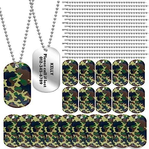 Huquary 50 Pack Camo Dog Tag Set Including 50 Aluminum Blank Military Dog Tags 50 Ball Steel Chain Rectangle Blank Tag Metal Stamping Necklace for Men Dogs Soldier DIY Decorative Craft Laser Engraving