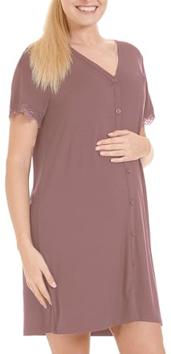 Herzmutter Camicia da Notte premanan - per Allattamento - Bottoni Davanti - Camicie da Notte Post-Parto - Ospedale-Gravidanza - Manica Corta-Pizzo - 2850