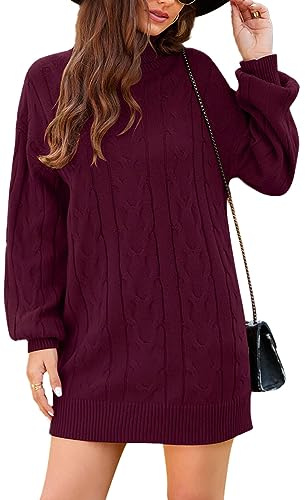JFAN Vestito Invernale Donna Elegante Collo Alto Abito Lavorato a Maglia Vestiti Maglioni Girocollo Casual Trapezio Abito Borgogna M