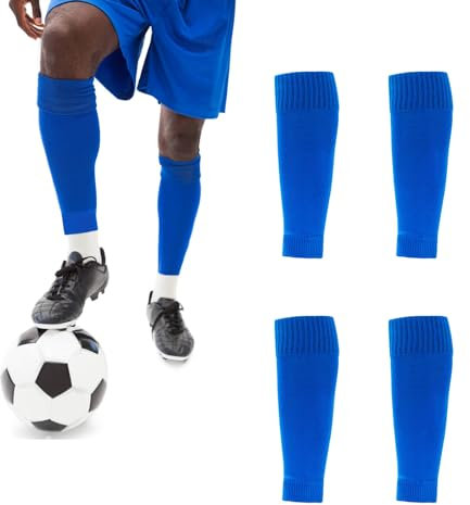 Lot de 2 paires de chaussettes de football, protège-tibias de football, chaussettes coupées pour les matchs de football débutants (bleu, adulte)