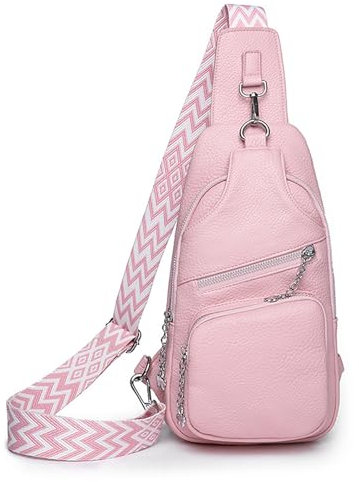 Veki PU Leder Umhängetasche Damen, Bauchtasche mit Reißverschluss, Crossbody Bag Breiter Gurt, Schultertasche mit Kreditkartenfach, Damen Sling Bag für Reisen, Einkaufen, Outdoorsport (Rosa)
