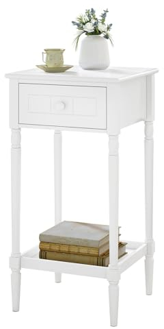 WOLTU Nachttisch Schmal, Nachtschrank mit Schublade offener Ablage, Barock Beistelltisch Weiß, 35x70,5x35 cm, Sofatisch für Schlafzimmer Wohnzimmer, Beine aus Massivholz, NTS09ws
