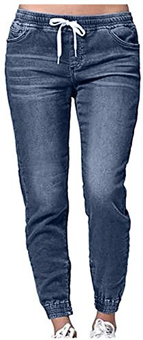 Pantalones de mezclilla con entrepierna caída para mujer, pantalones de mezclilla con cordón, cintura elástica, puños en el tobillo, pantalones de mezclilla cómodos, pantalones de mezclilla ajustados