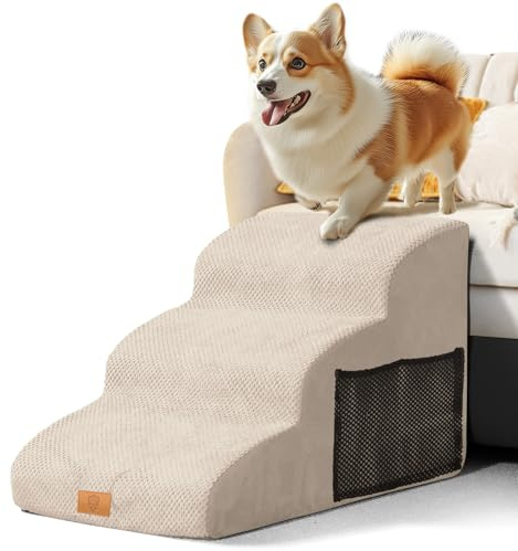 Escalera para Perros,Masthome Rampa con 3 Pasos de Esponja de Alta Densidad, Escalera para Perros y Gatos, Escalera Ancha para Mascotas con Tapa Extraíble, Beige
