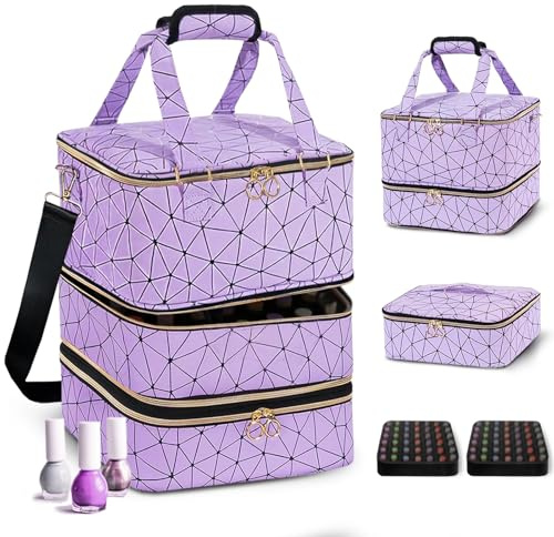 Bolsa de maquillaje de viaje, organizador de esmalte de uñas, almacenamiento de herramientas de uñas, Purple, 3 layers - 84 bottles, Práctico, profesional, moderno, elegante