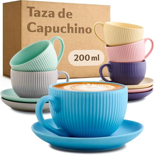 Cosumy Tazas de Capuchino con Platos - 6 Tazas de Café Pastel con Asa - 200ml - Diseño único a rayas - Cerámica mate - Apto para lavavajillas