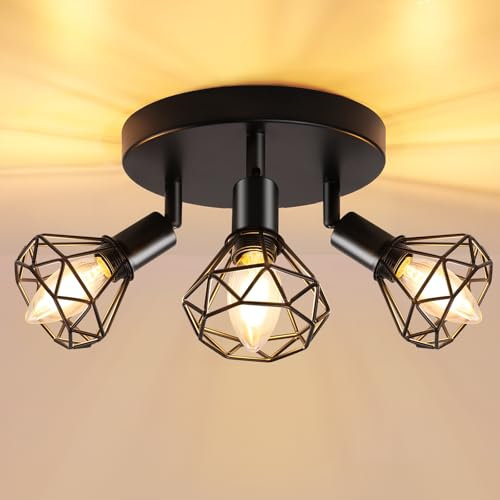 GeyouLux Deckenstrahler 3 Flammig Deckenlampe LED Deckenleuchte Schwenkbar 350° Deckenspots Schwarz E14 Küchenlampe Retro Lampe für Küche Wohnzimmer Flur Schlafzimmer Ohne Leuchtmittel