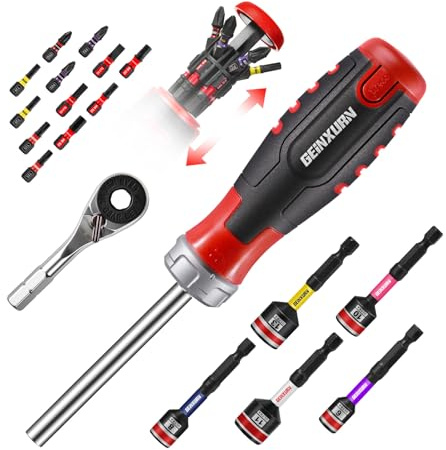 Geinxurn 19 Pièces Ensemble de Tournevis à Cliquet, Mini Clé à Cliquet, Poignée de Tournevis à Cliquet et Clé à Douille avec 12 Embout de Vissage à Choc, Ensemble d'outils à Main Portables