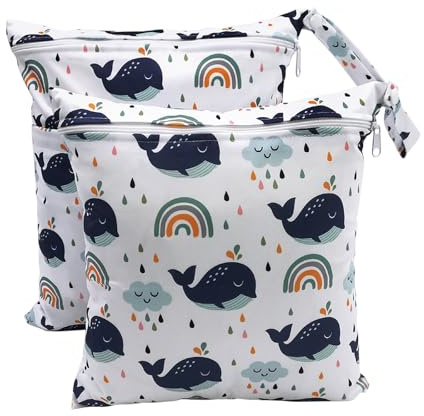 Baynetin 2-Pack de Sacs Étanches Réutilisables - Pochette Wet Bag pour Couches et Maillots de Bain - Idéal Piscine, Maternelle, Voyage - Design Imperméable et Lavable (A-Baleine)