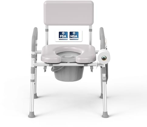 Steadyjoy Bedside Commode with Padded Seat & Backrest, Aluminum Toilet with 6.5 qt Bucket, Easy-Clean, 350 lb Capacity Enhanced Crossbar, Portable Toilet for Seniors with Paper Holder & Newspaper Bag