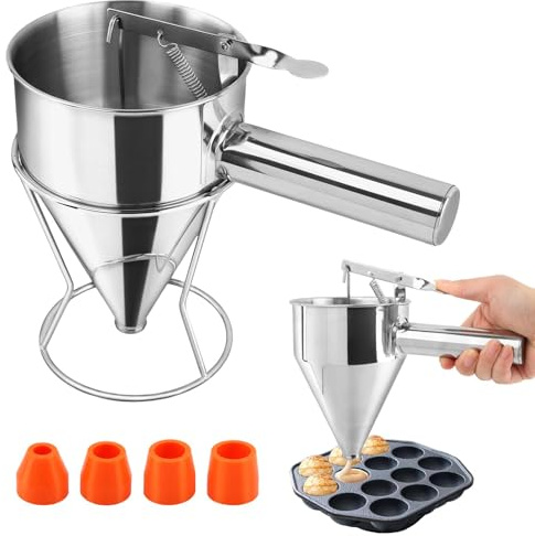 Cake Batter Dispenser, Stainless Steel Funnel Pancake Dispenser with 4 Silicone Nozzles with Stand Baking Tool for Cake Pancakes Cupcakes Muffins Crepes Waffles(20oz/600ml)