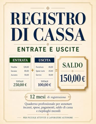 Registro di Cassa – Entrate e Uscite: Quaderno professionale per annotare incassi, spese, pagamenti, saldo di cassa e riepiloghi mensili
