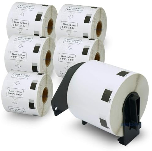 BETCKEY - 6 Rotoli DK-11209 Etichette per Indirizzi Compatibile con Brother, 62mm x 29mm, 4800 Etichette per Stampanti di Etichette Brother QL (1 Portaetichette Riutilizzabili)