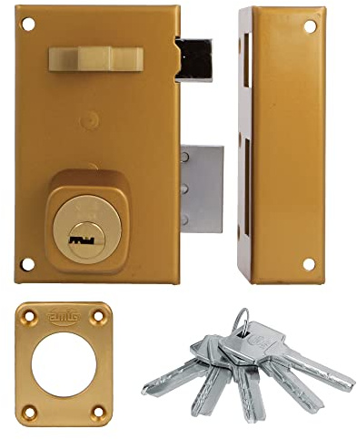 Amig - Cerradura de Sobreponer de Derecha con Palanca de Cierre - Lengüeta y Tirador para Puertas de Madera - Mod. 75, 67 x 112 mm - Cilindro Redondo de Seguridad - Acero - Dorado