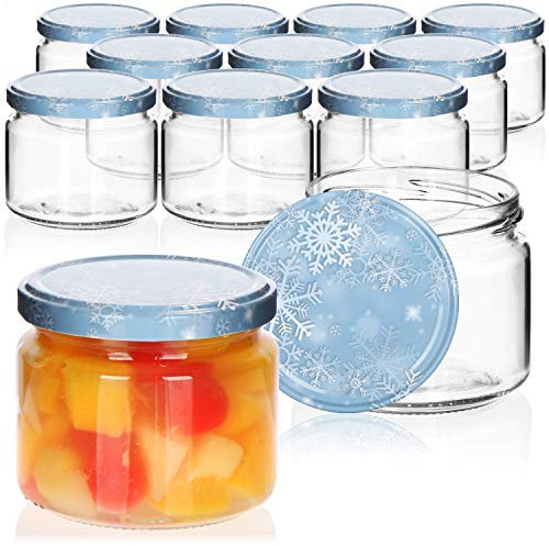 com-four® 12x Einmachgläser Winter Edition TO Ø 82 mm - 330 ml mit Schraub-Deckel im winterlichen Design, blau-weiße Marmeladengläser, Glas mit Schneeflocken-Deckel, Einmachglas Weihnachten