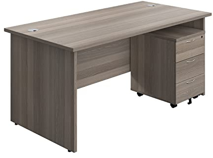 Office Hippo Panel Desk with 2 Mobile Storage Including Filing Drawer, A4, Foolscap, Engineered Wood, Grey Oak, 160 x 80 x 73 cm