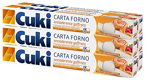 Cuki Papel de horno antiadherente gofrado, cocción seca y crujiente, 33 cm de altura, 6 paquetes de 6 metros