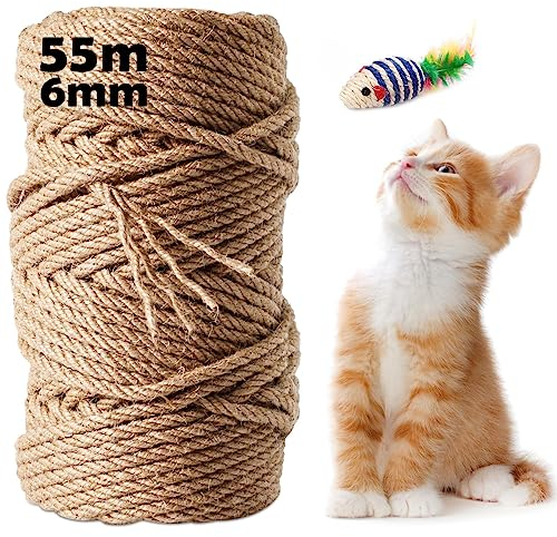 Corde en Sisal Naturelle 55M x 6MM, Corde Arbre à Chat pour Réparation et Remplacement de Chat Scratch Pilier, Arbres à Chat, Corde Sisal pour la DéCoration de Bricolage et Maison (55M x 6MM)