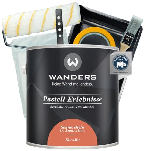 Wanders Pastell Erlebnisse Wandfarbe 2,5L (Koralle, Rot) inkl. Streichset Basic – Premium Kreidefarbe, Leichte Anwendung, Hochdeckend, Ultramatt, Perfekt für Heim-DIY