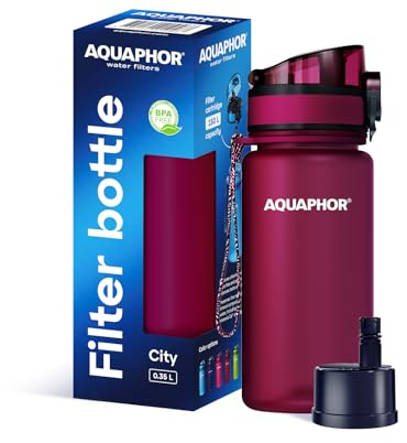 AQUAPHOR City | Kleine Trinkflasche mit Wasserfilter 350 ml Rubin | Kompakt, leicht & BPA-frei | Für Kinder und unterwegs geeignet | Filterflasche mit Aktivkohlefilter | Perfekt zum Schulstart