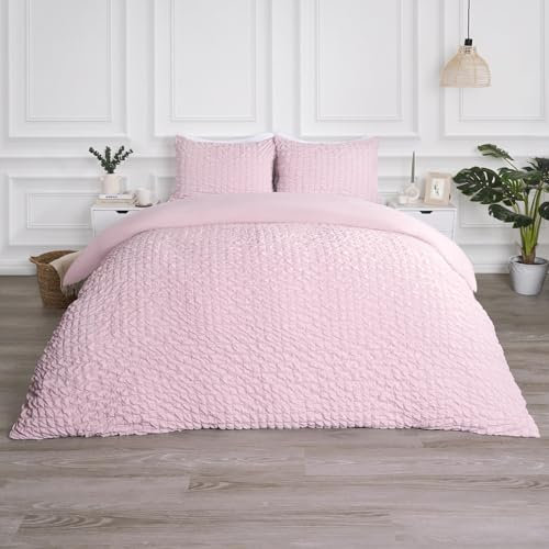 OHS Pink Single Duvet Cover Set, Geometric Single Duvet Cover Set Quilt Bedding Embossed Luxury Super Soft Comfy Waffle Bedding Covers with Pillowcase, Blush