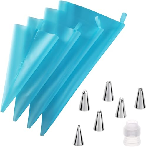 4 PCS Profi Spritzbeutel, mit 6 Edelstahl Tüllen, mit Kupplung, Wiederverwendbarer Silikon Spritzbeutel,Spülmaschinengeeignet,zum Dekorieren von Kuchen, Gebäck und Cupcakes