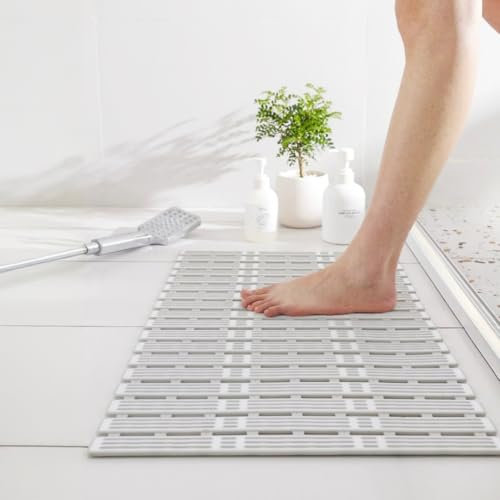 Non Slip Shower Mat Anti Mould - White & Grey 90x40cm For Inside Bath or Shower Tray. Outside Tiles or Wet Room - Extra Long, Cut To Size Rubber Non Slip Bath Mat With Suction Cups.