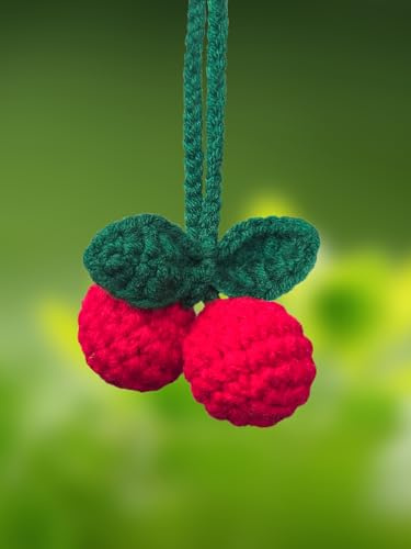 KIAYOO Pendentif de Rétroviseur de Voiture Cerise Tricotée, Décoration Voiture Mignonne pour Rétroviseur, Accessoire Intérieur de Voiture Cadeau d'Anniversaire Noël Nouvel An pour Filles Femmes Amies