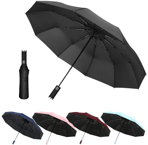 EEPLUYTY Paraguas de bolsillo con apertura y cierre automático, resistente al viento de 10 huesos, protección UV, impermeable y protector solar (negro, rojo, azul marino, cielo, rosa)