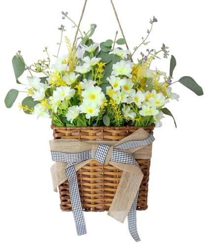 Whemyreat Couronne de printemps avec marguerites, couronne de porte artificielle pour la porte d'entrée, panier suspendu, décoration de porte d'entrée, couronne de printemps et d'été