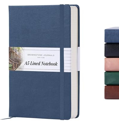 BROWNSTONE JOURNALS Diario de tapa dura A5 de 5 x 8 pulgadas, cuaderno para trabajo y escritura, 160 páginas de papel grueso de 100 g/m², encuadernación plana, banda elástica, marcapáginas de cinta