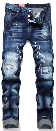 Distressed Paint-Splattered Slim Fit-Jeans För Män, Lappade Elastiska Blå Skinny-Jeans, Ripped Beggar-Byxor,34